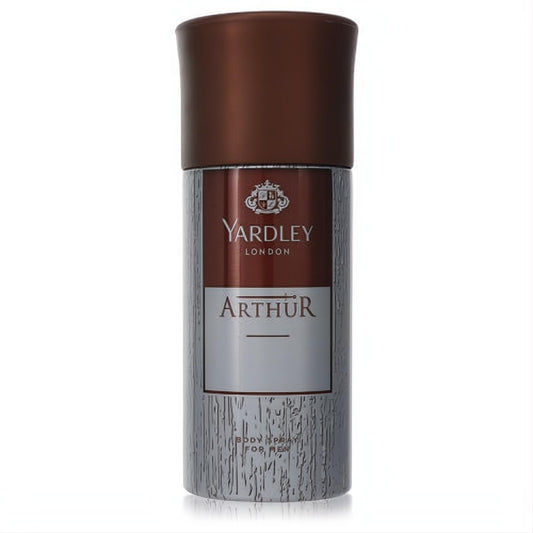 Experience Yardley Arthur 5.1 oz men's body spray. Features a sophisticated brown cap and elegant textured silver can.