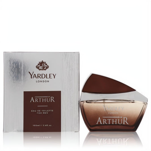 Yardley Arthur 3.4 oz EDT for Men. Bold angular brown glass bottle and sophisticated silver-brown packaging.