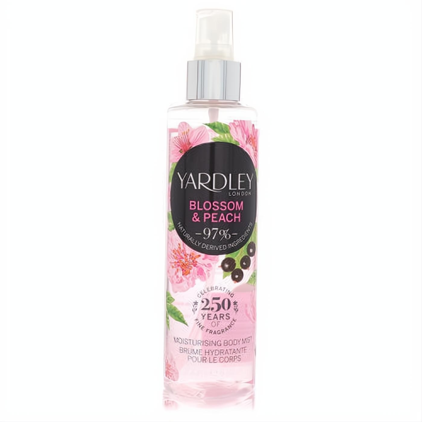 Yardley London Blossom & Peach 6.8 oz Moisturizing Body Mist. Clear bottle, silver sprayer, pink floral label.