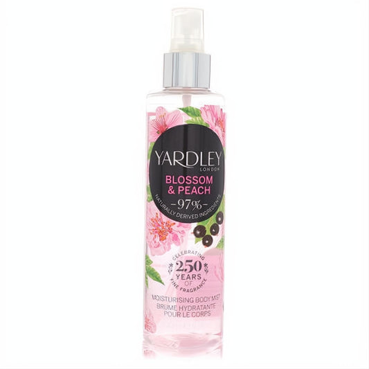 Yardley London Blossom & Peach 6.8 oz Moisturizing Body Mist. Clear bottle, silver sprayer, pink floral label.