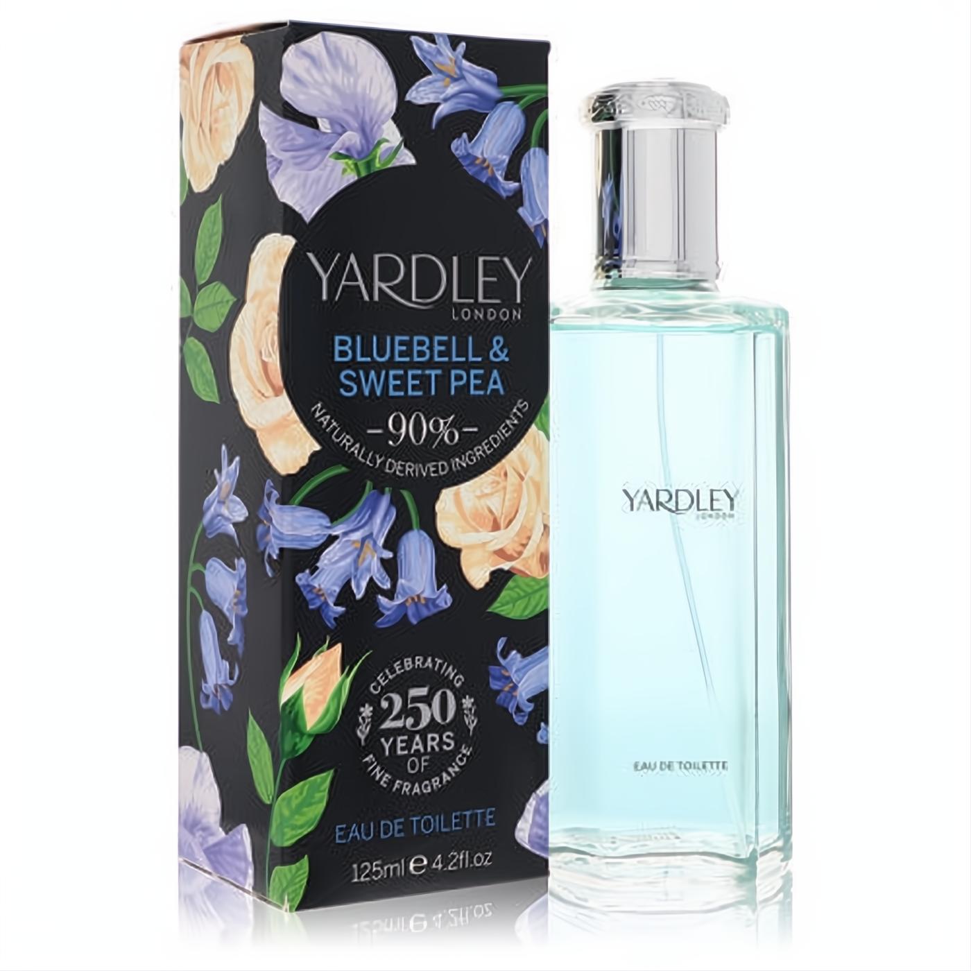 Yardley Bluebell & Sweet Pea 4.2 oz EDT. Fresh light blue fragrance in a sleek bottle, with a vibrant floral black box.