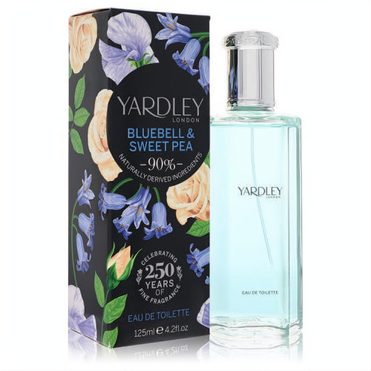 Yardley Bluebell & Sweet Pea 4.2 oz EDT. Fresh light blue fragrance in a sleek bottle, with a vibrant floral black box.