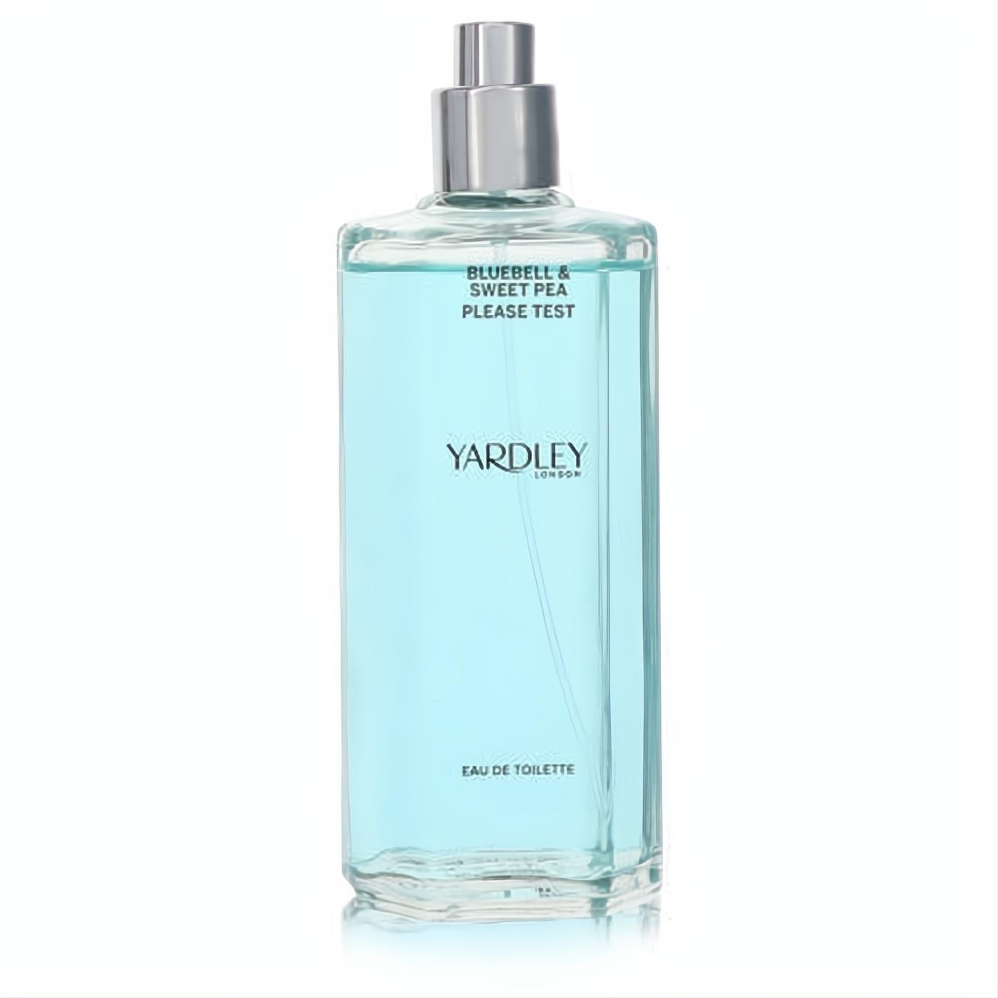 Experience Yardley Bluebell & Sweet Pea women's EDT tester, 4.2 oz. Sleek clear glass bottle with captivating blue liquid, silver cap.