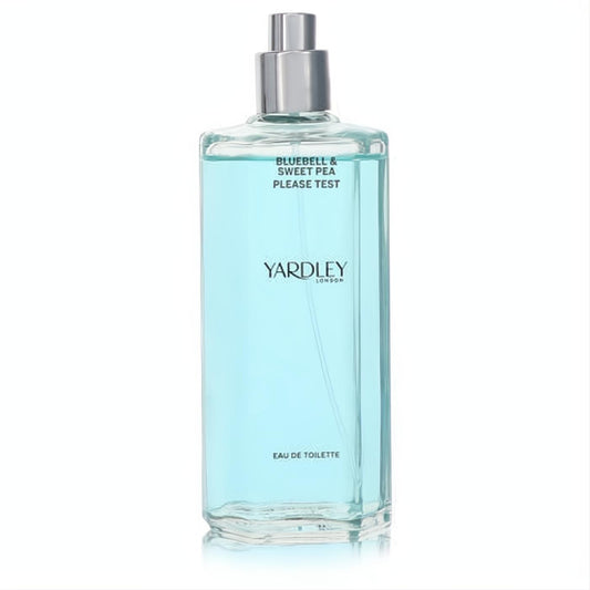 Experience Yardley Bluebell & Sweet Pea women's EDT tester, 4.2 oz. Sleek clear glass bottle with captivating blue liquid, silver cap.