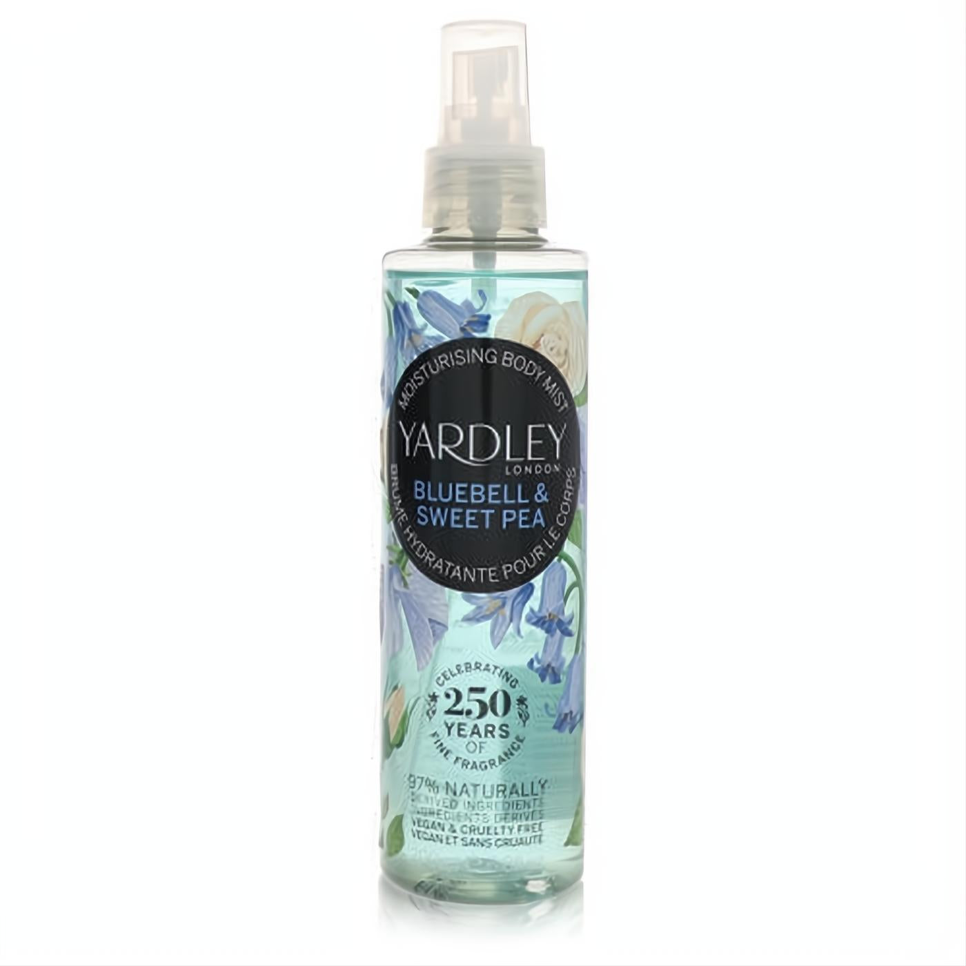 Yardley Bluebell & Sweet Pea 6.8 oz moisturizing body mist. Clear bottle, vibrant blue liquid, and elegant floral label.