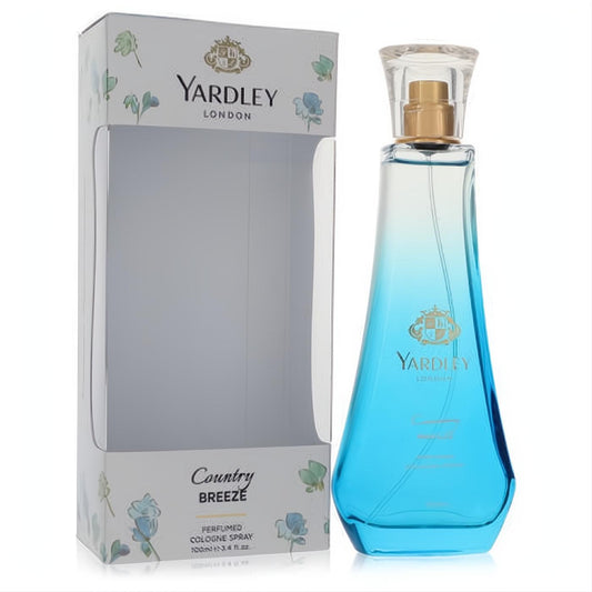 Yardley Country Breeze 3.4 oz unisex cologne: sleek ombre blue bottle with gold cap, next to its charming floral box.