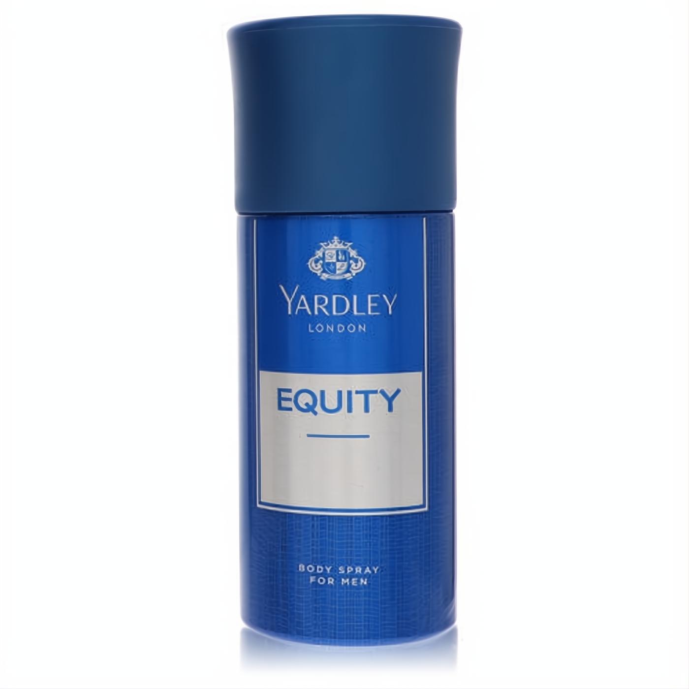 Bold Yardley Equity men's 5.1 oz body spray. Dark blue can with silver label, featuring the classic Yardley London crest.