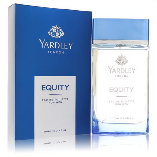 Yardley Equity 3.4 oz men's Eau De Toilette. Modern clear bottle with a light blue cap, presented with its elegant royal blue box.