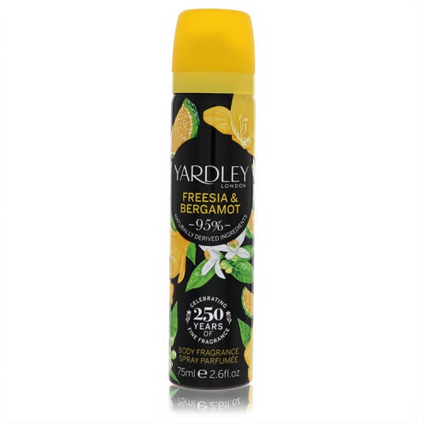 Yardley Freesia & Bergamot 2.6oz women's body spray. Black can with bright yellow cap, featuring refreshing citrus and floral artwork.
