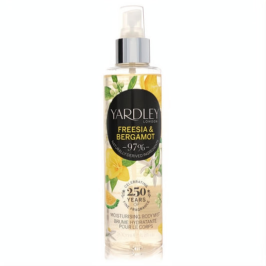 Invigorating Yardley Freesia & Bergamot 6.8 oz moisturizing body mist. Clear spray bottle with elegant floral & citrus label.