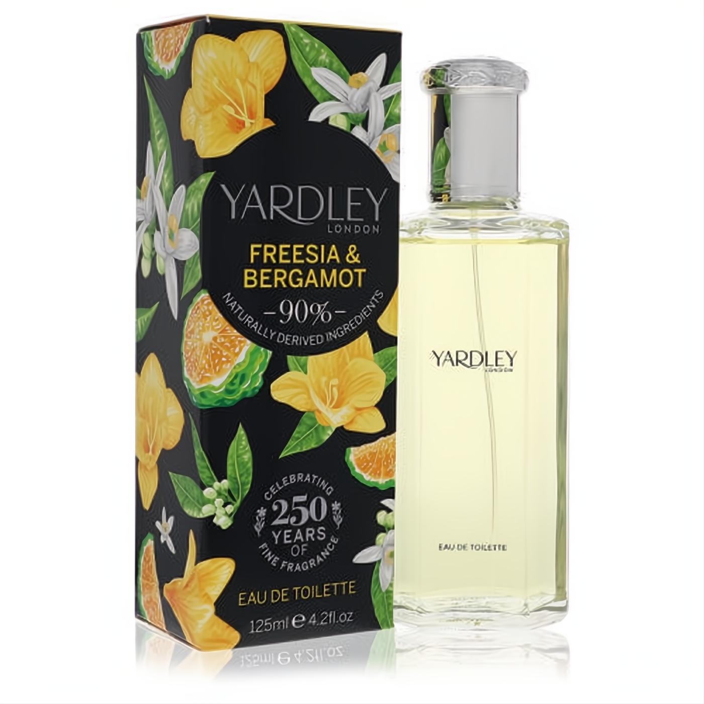 Yardley London Freesia & Bergamot 4.2oz EDT. Clear bottle with light yellow fragrance, beside a black box featuring vibrant yellow freesia and white bergamot flowers.