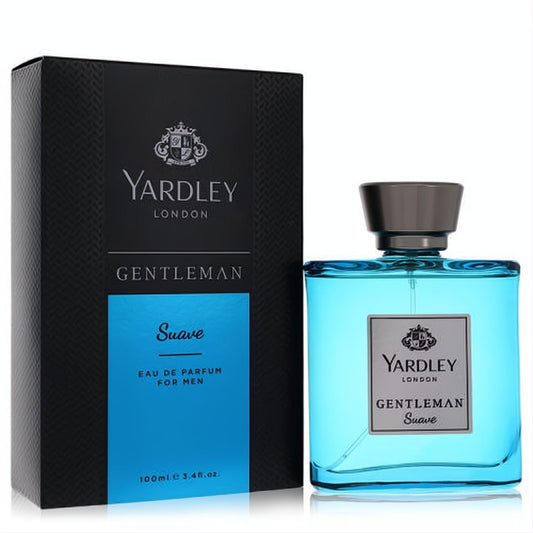 Chic Yardley Gentleman Suave 3.4 oz men's EDP in a vibrant blue glass bottle with a dark cap, beside its elegant black box.