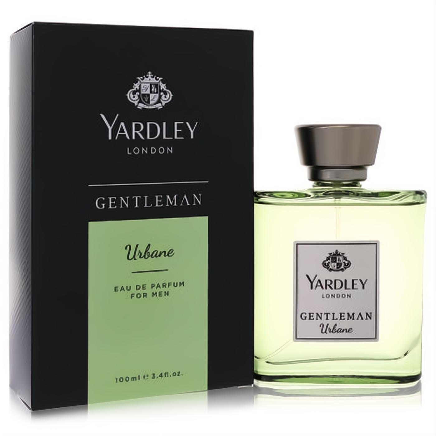 Experience Yardley Gentleman Urbane 3.4 oz men's EDP. Elegant clear bottle, pale green fragrance, and sophisticated black box.