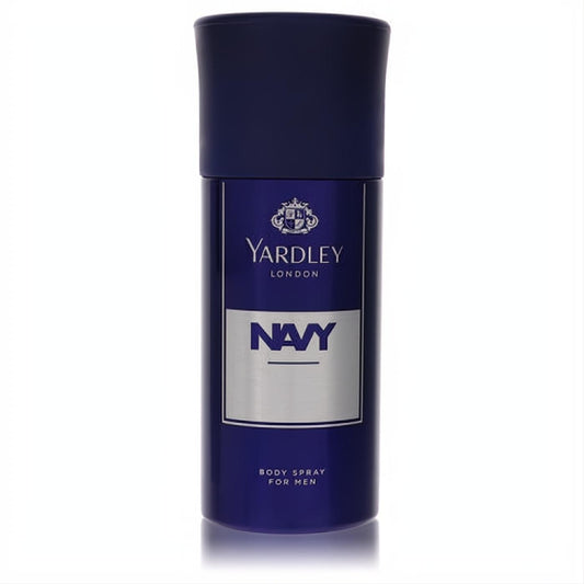 Bold dark blue Yardley Navy men's body spray can with sleek silver label. Experience a clean, masculine fragrance.