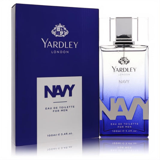 Sophisticated Yardley Navy 3.4 oz EDT. Clear glass bottle fades to deep blue with bold silver "NAVY" and sleek cap.