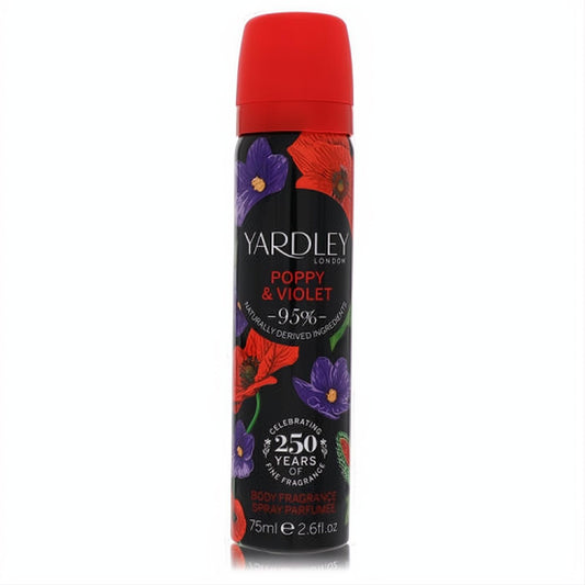 Yardley London Poppy & Violet body spray. Black can, vibrant red cap, elegant red poppy and purple violet floral design, 2.6 fl.oz.