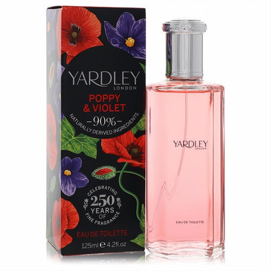 Yardley Poppy & Violet 4.2oz EDT spray: pink bottle, silver cap, and black box with red poppies and purple violets.