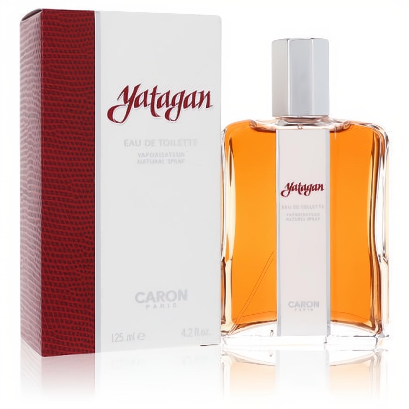 Yatagan by Caron 4.2 oz EDT. Captivating amber fragrance in a sleek glass bottle with silver cap, next to its elegant white and red textured box.