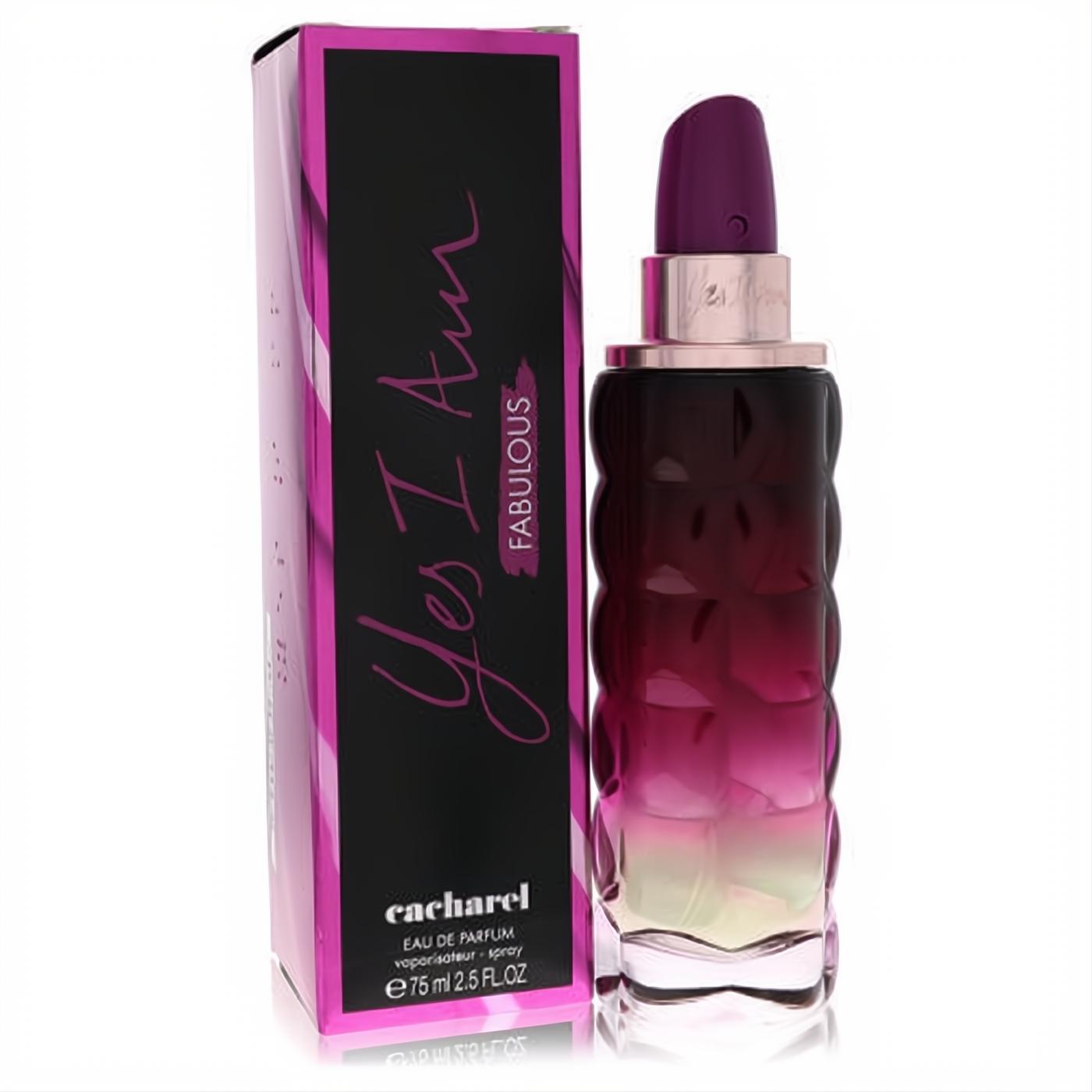Captivating Yes I Am Fabulous Cacharel 2.5 oz perfume. Ombre purple-pink textured glass bottle paired with a vibrant black and pink branded box.