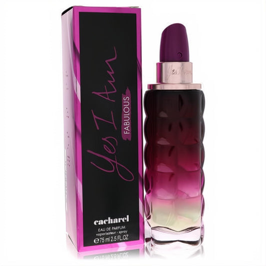 Captivating Yes I Am Fabulous Cacharel 2.5 oz perfume. Ombre purple-pink textured glass bottle paired with a vibrant black and pink branded box.