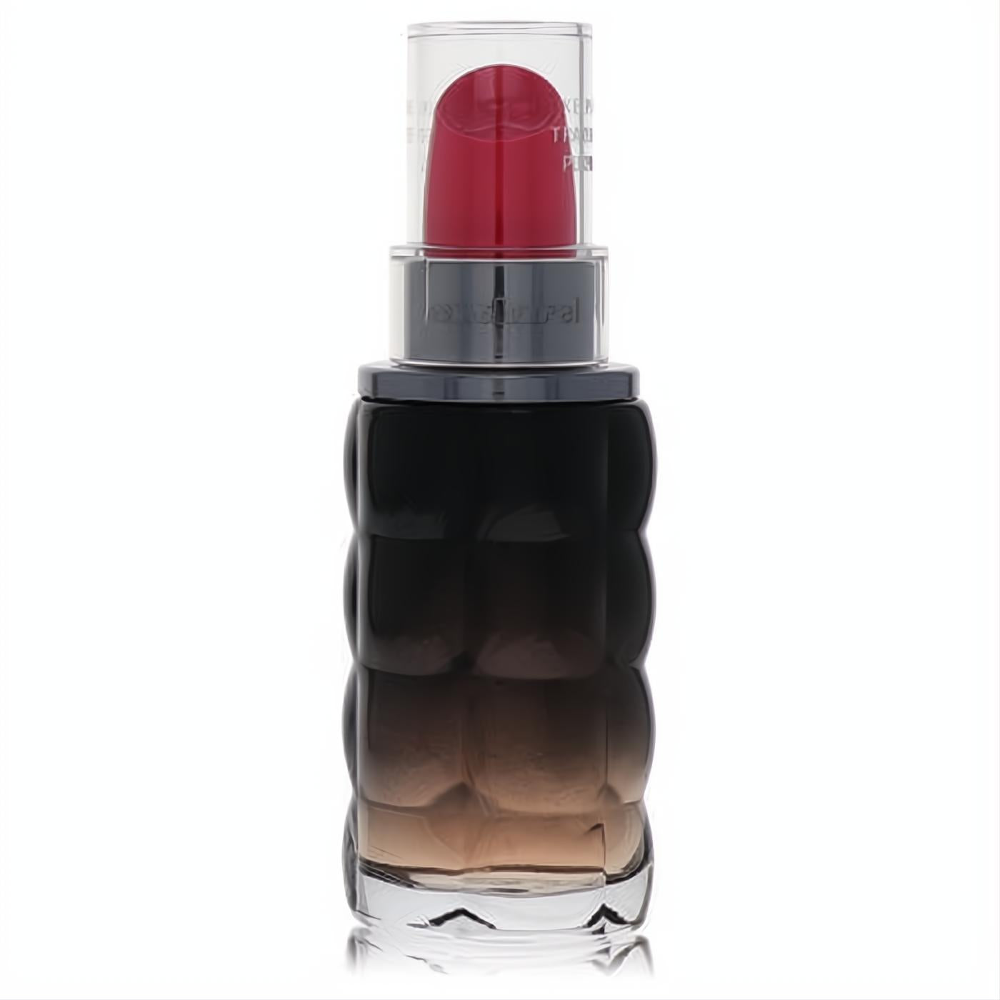 Cacharel Yes I am Pink First 1.7 oz women's perfume. Unique lipstick bottle with black-brown gradient glass and vibrant red cap.