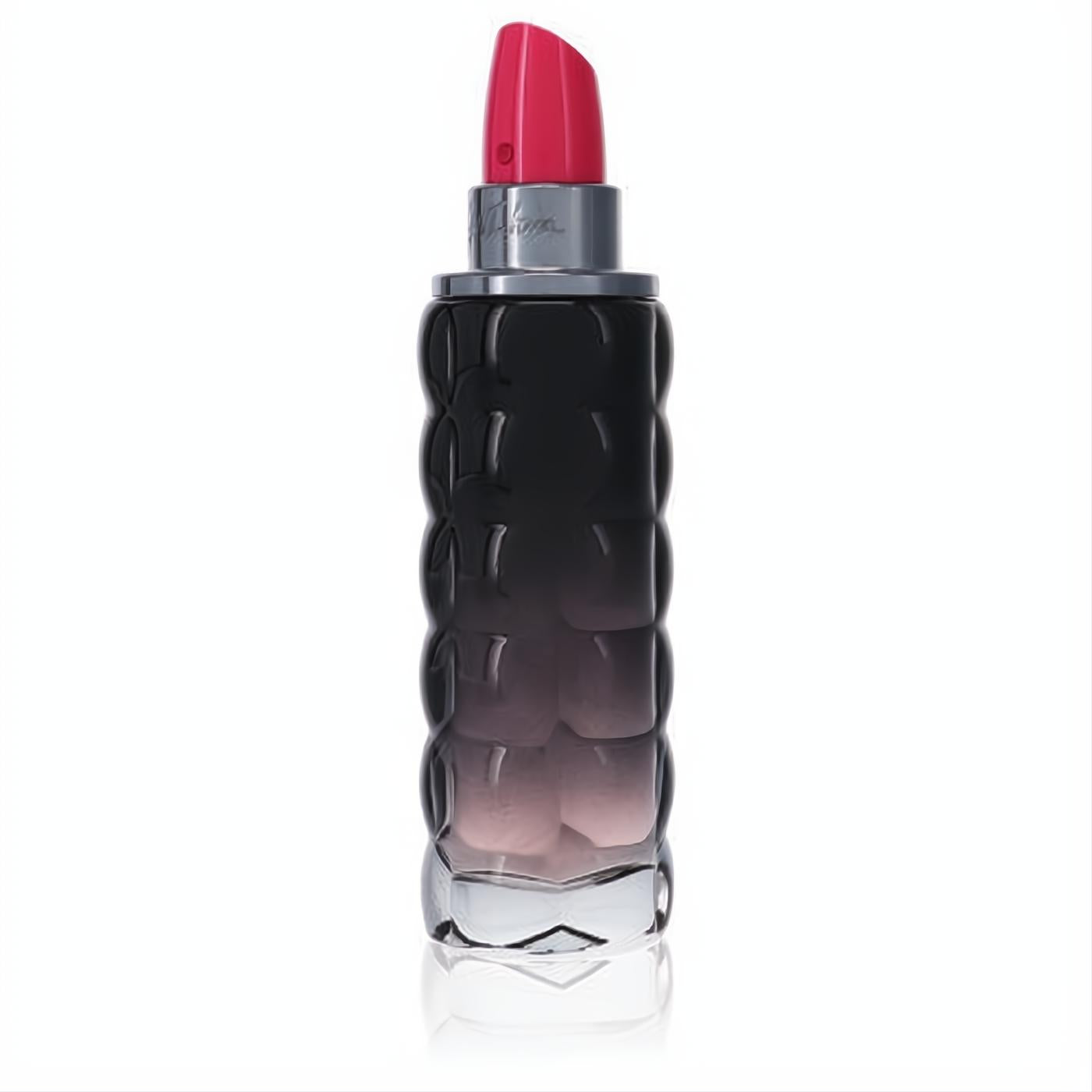 Cacharel Yes I am Pink First women's perfume. Chic dark ombre bottle with textured design and vibrant pink lipstick cap.