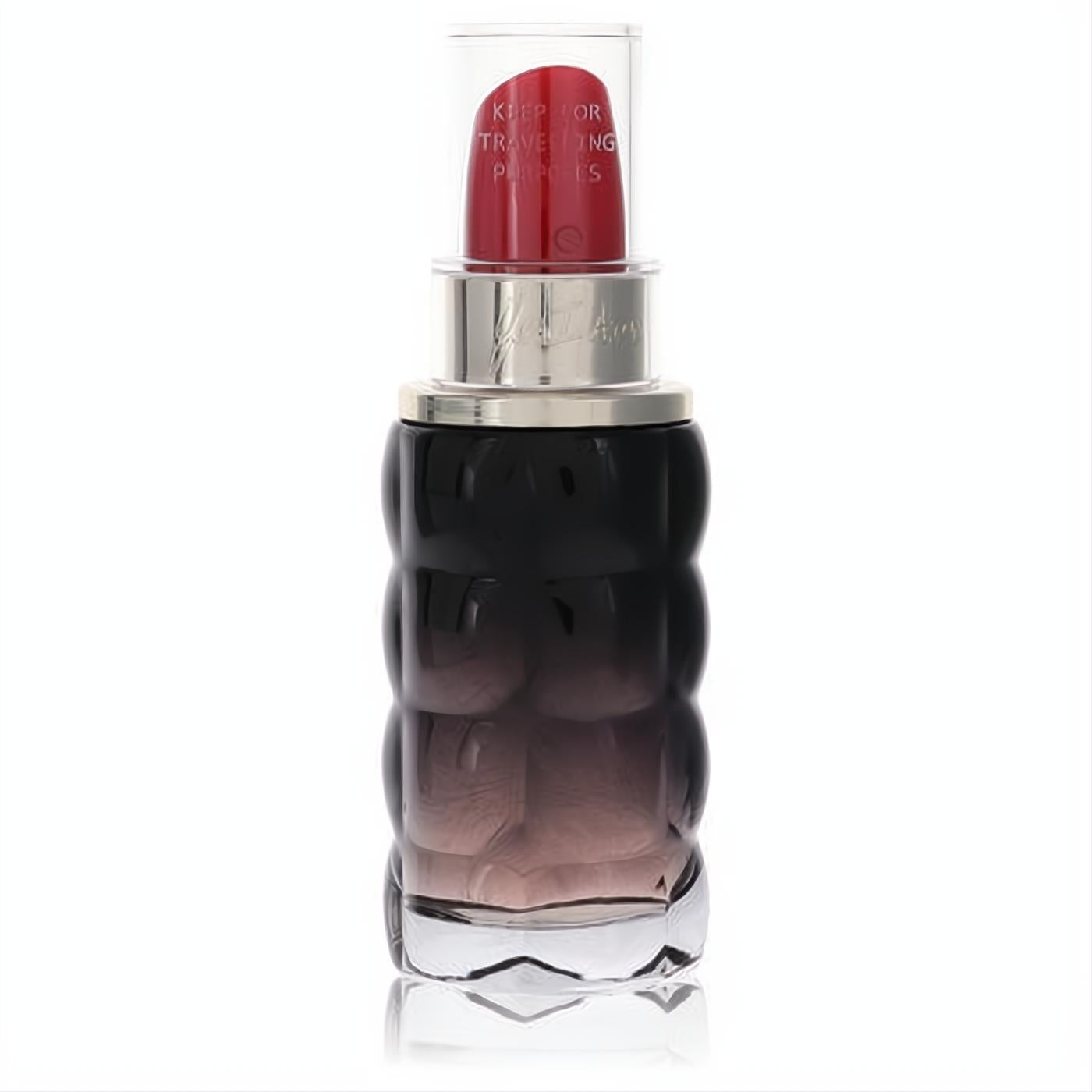 Stunning Cacharel Yes I Am women's perfume bottle. Dark gradient, ribbed glass, and vibrant red lipstick cap.