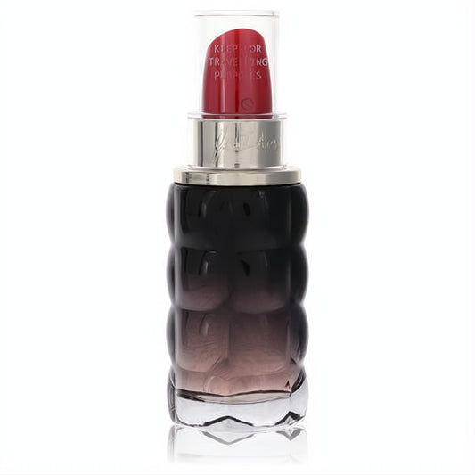 Stunning Cacharel Yes I Am women's perfume bottle. Dark gradient, ribbed glass, and vibrant red lipstick cap.
