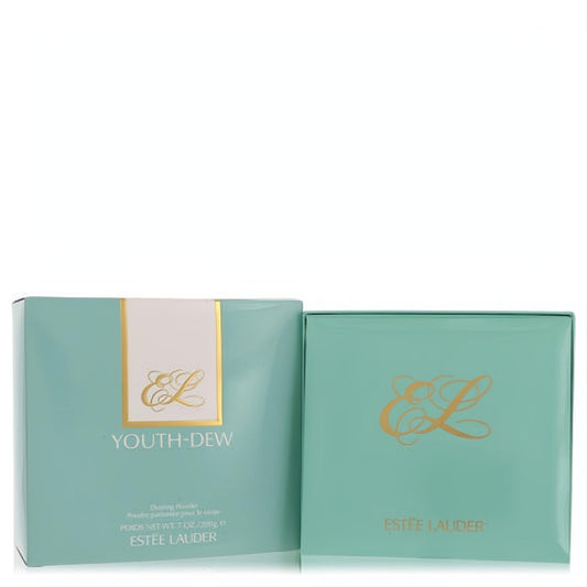 Luxurious Estee Lauder Youth Dew 7 oz dusting powder in a teal box and compact with elegant gold branding.