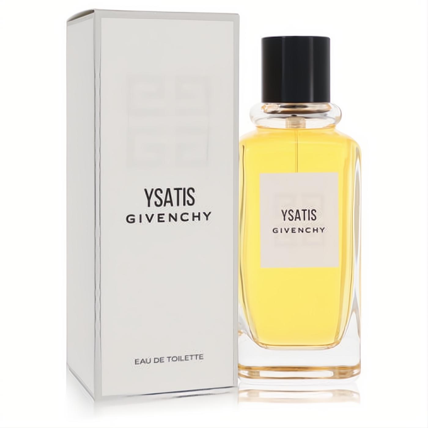 Elegant Ysatis by Givenchy 3.4 oz EDT spray. Golden amber fragrance in a sleek clear bottle with a black cap, beside its chic white box.