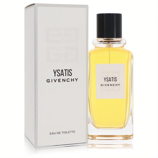Elegant Ysatis by Givenchy 3.4 oz EDT spray. Golden amber fragrance in a sleek clear bottle with a black cap, beside its chic white box.