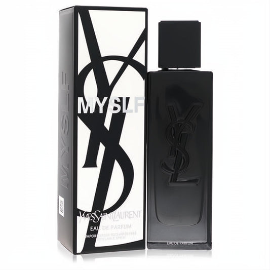 Yves Saint Laurent Myslf 2 oz men's EDP. Sleek black refillable bottle with embossed YSL logo, beside its modern black and white box.
