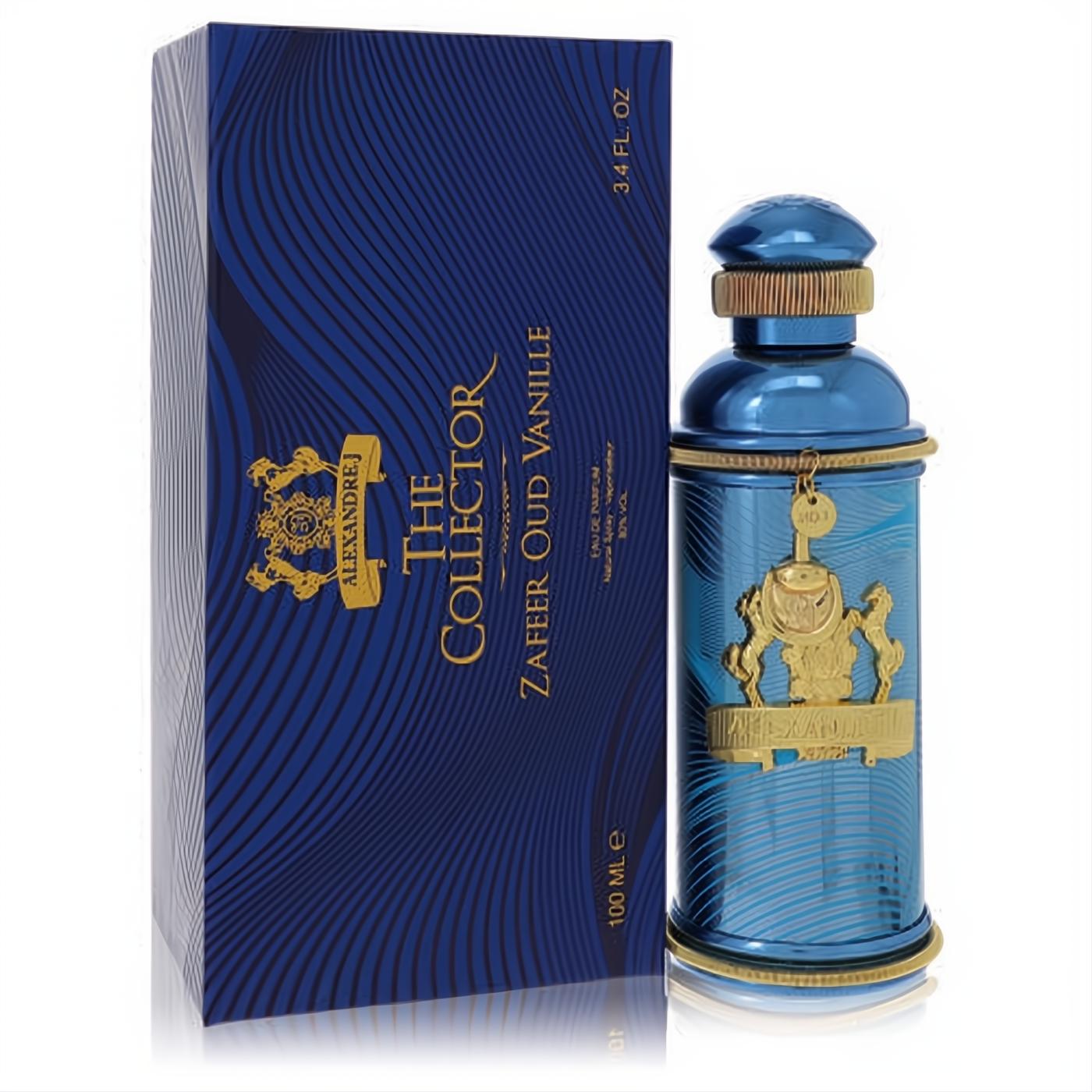 Exquisite Zafeer Oud Vanille 3.4 oz EDP. Metallic blue ribbed bottle with gold crest and cap, paired with a luxurious patterned box.