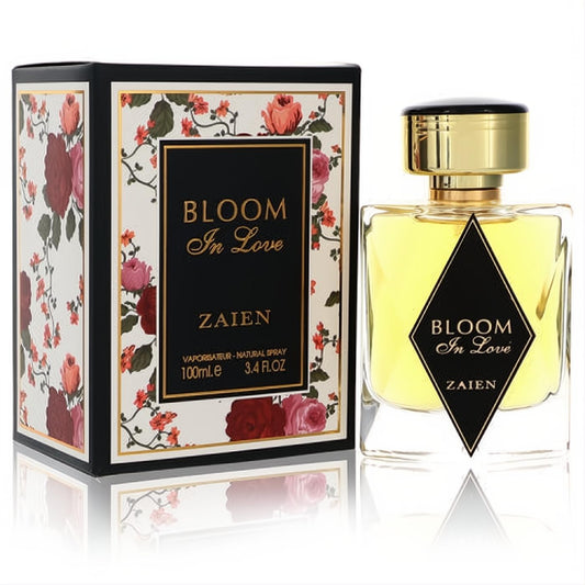 Zaien Bloom In Love 3.4 oz women's EDP. Clear bottle, gold cap, and romantic box with red and pink floral design.