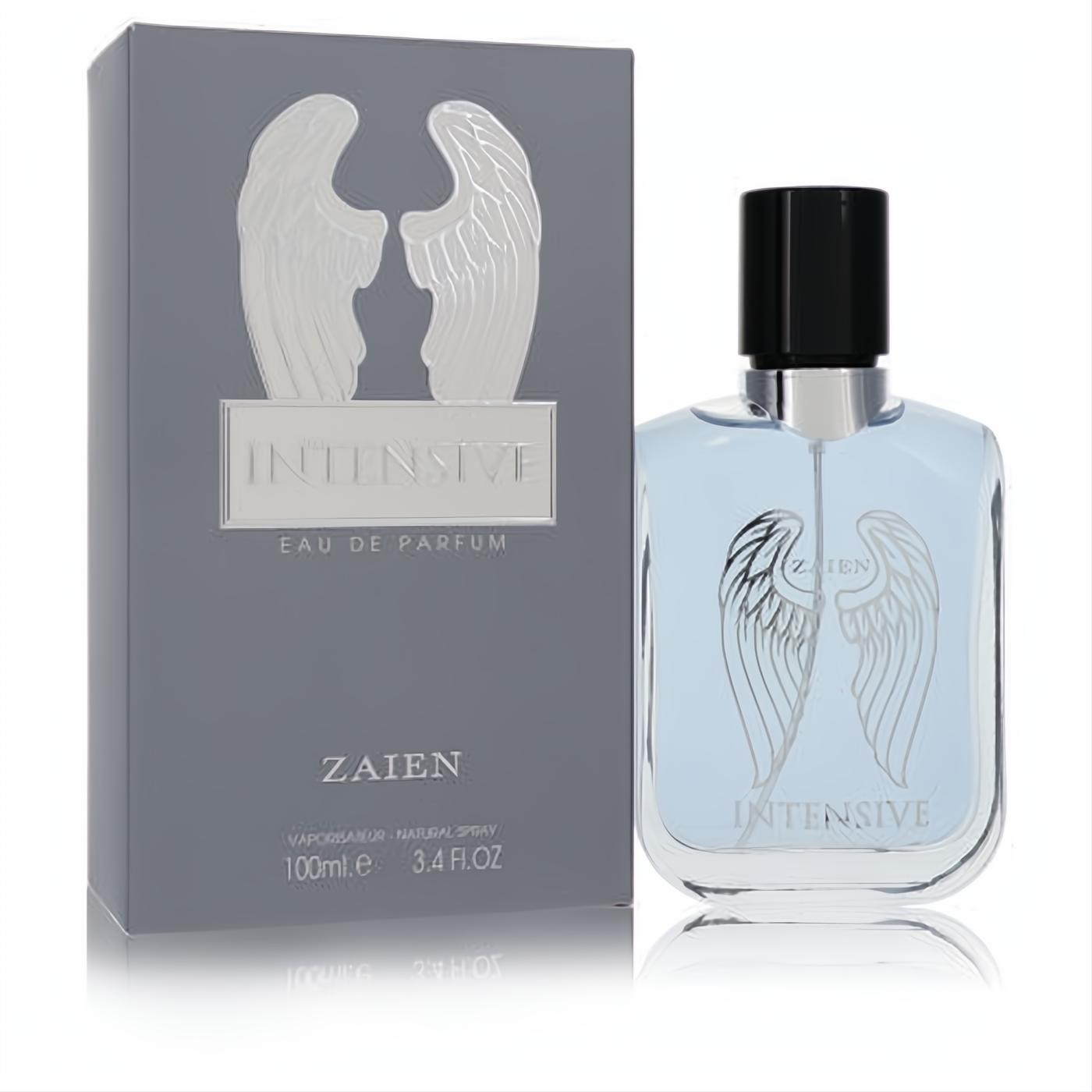 Zaien Intensive unisex Eau De Parfum, 3.4 oz, clear bottle with light blue liquid, silver wing design, and matching gray box.