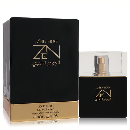 Luxurious Shiseido Zen Gold Elixir Eau De Parfum, 3.3 fl oz. Elegant black bottle with radiant gold accents.