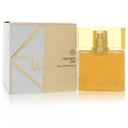 Shiseido Zen 3.4 oz Eau de Parfum: radiant golden rectangular bottle with a sophisticated white and gold geometric box.