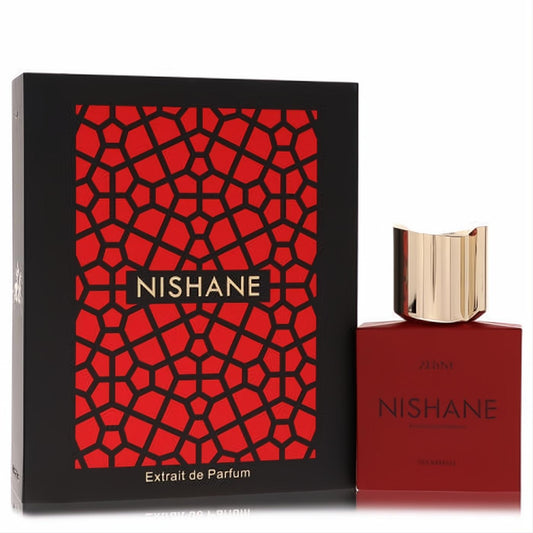 Nishane Zenne Extrait De Parfum: bold red bottle with elegant gold cap, alongside its striking black box featuring a red geometric design.