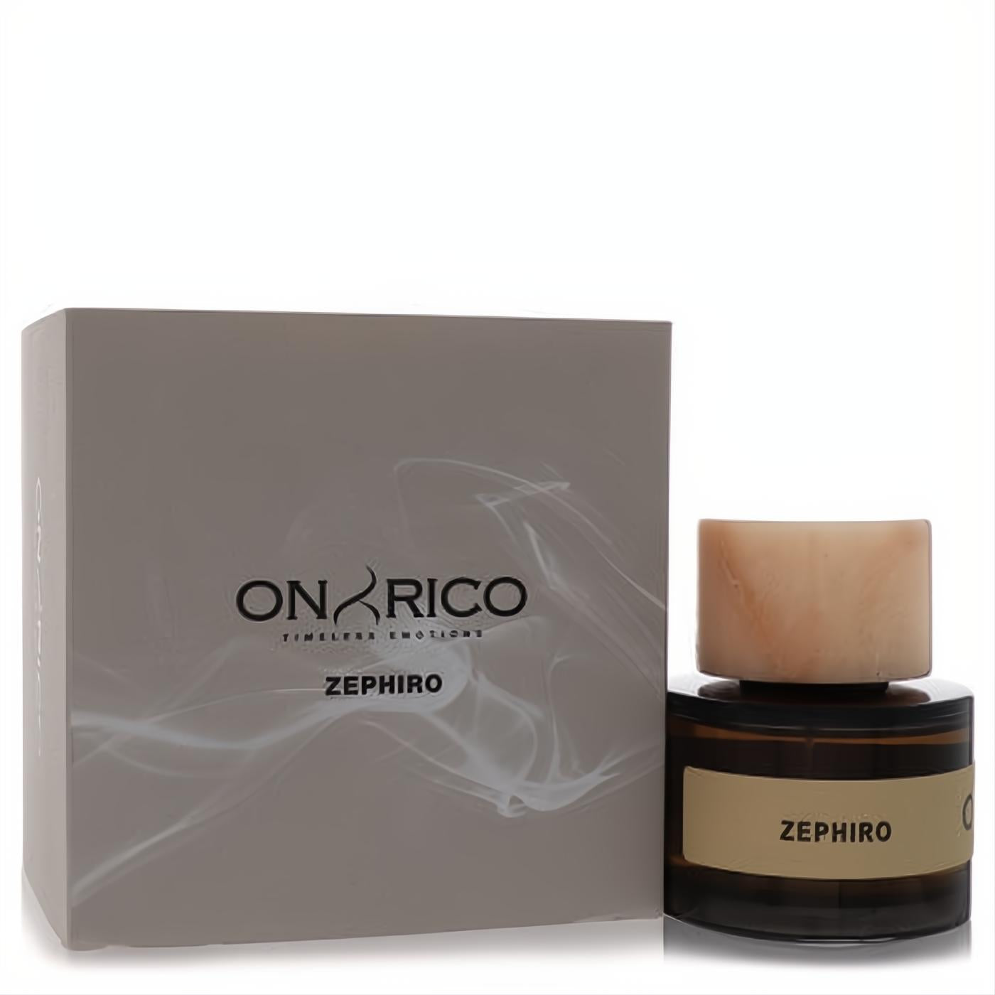 Luxurious Zephiro by Onyrico 3.4 oz unisex EDP. Features a dark amber bottle, unique natural stone cap, and elegant grey box.