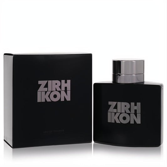 Zirh Ikon men's Eau De Toilette. Sophisticated matte black bottle and matching box with bold silver branding.