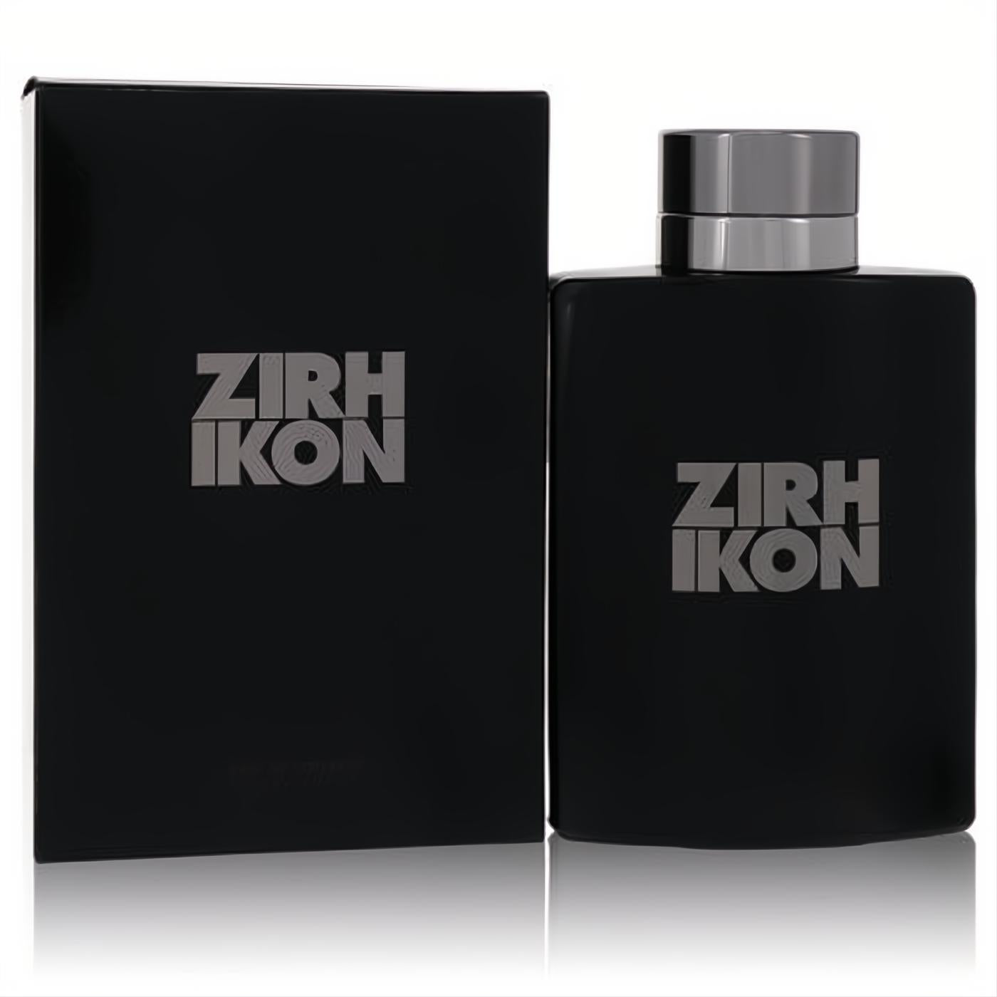 Zirh Ikon 4.2 oz men's Eau De Toilette: sleek matte black bottle with silver cap, presented with its matching box.