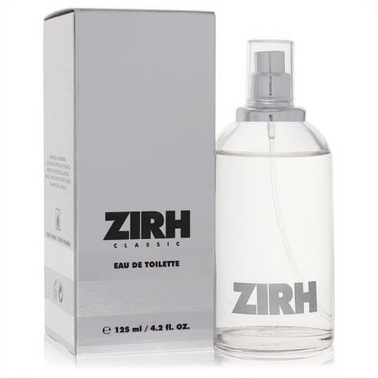 Zirh Classic Men's Eau De Toilette 4.2 oz. Sleek clear glass spray bottle with silver cap beside its modern grey box.