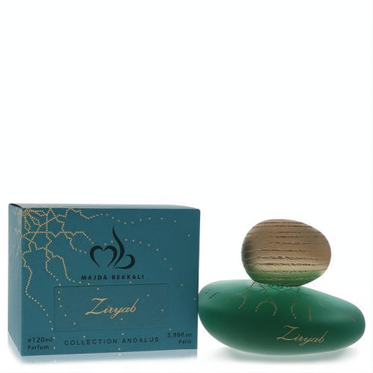 Majda Bekkali Ziryab unisex Eau De Parfum. Frosted green pebble bottle, unique bronze cap, and elegant teal box with gold details.