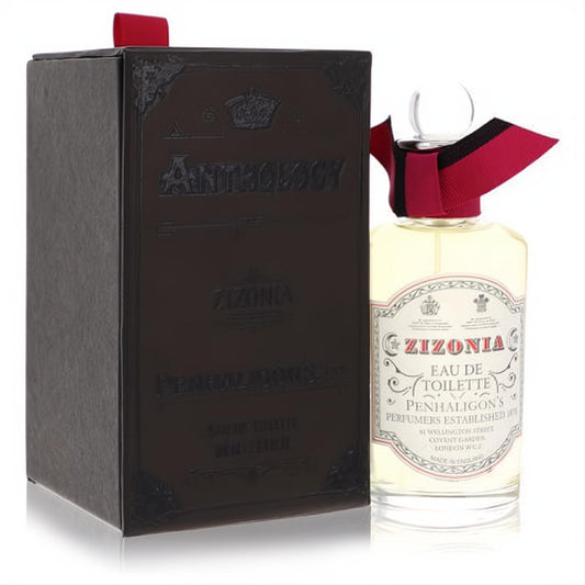 Zizonia Penhaligon's 3.4 oz EDT for men. Elegant clear glass bottle with amber liquid, red ribbon, and sophisticated dark embossed box.