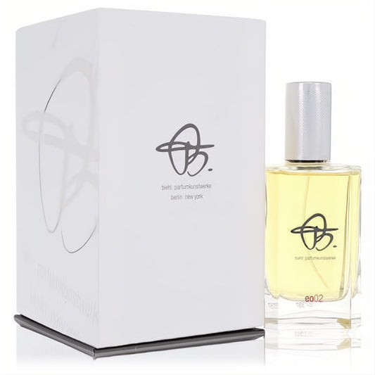 Sophisticated biehl parfumkunstwerke eo02 unisex EDP. Clear glass bottle with yellow fragrance, silver cap, and white branded box.
