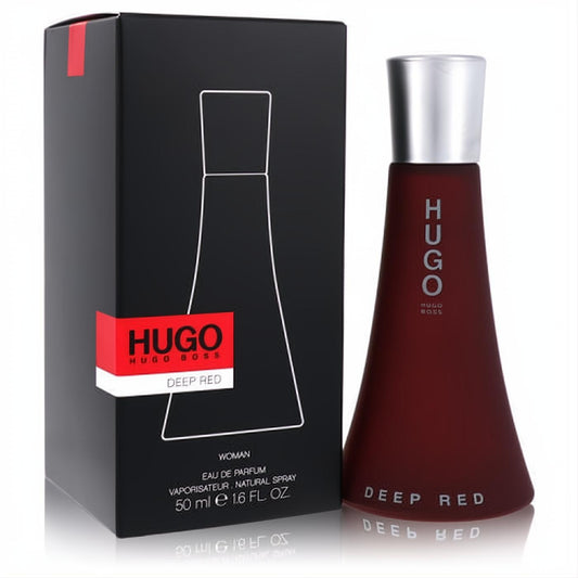 Hugo Deep Red women's Eau de Parfum by Hugo Boss, 1.6 oz. Sleek matte deep red bottle with silver cap and black box.