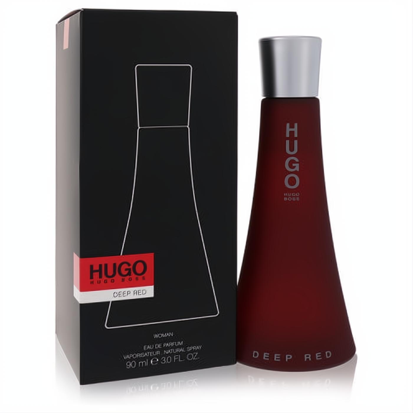 Captivating Hugo Deep Red Eau De Parfum, 3 oz. Features a sleek deep red bottle with a silver cap, alongside its elegant black box.