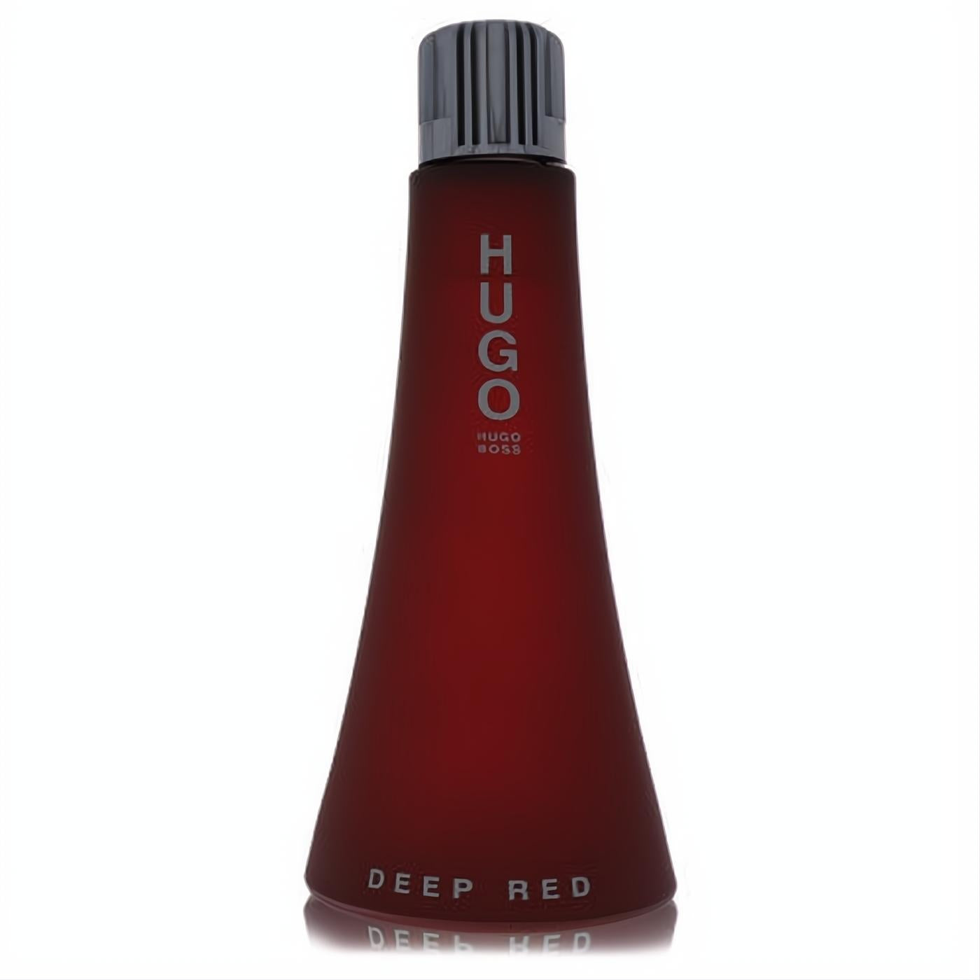 Striking Hugo Boss DEEP RED women's Eau de Parfum in a deep red tapered bottle with a sleek silver cap.