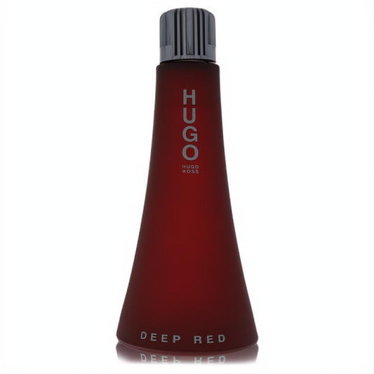 Striking Hugo Boss DEEP RED women's Eau de Parfum in a deep red tapered bottle with a sleek silver cap.