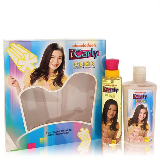 Vibrant iCarly Click women's fragrance gift set. Includes a yellow EDT spray and peach body lotion with Carly on the packaging.
